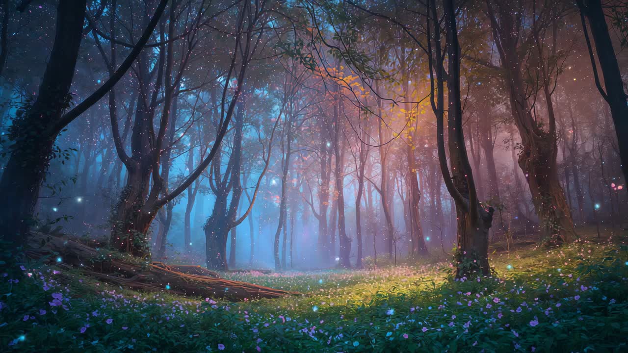 Shifting dawn light warming clearing, mist thinning, purple blooms, tall trees and lights twinkling