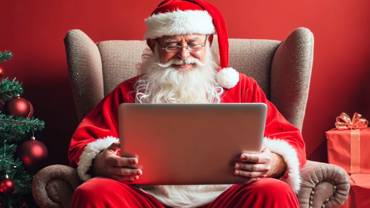 노트북 을 들고 의자 에 앉아 있는 산타 의복 을 입은 남자