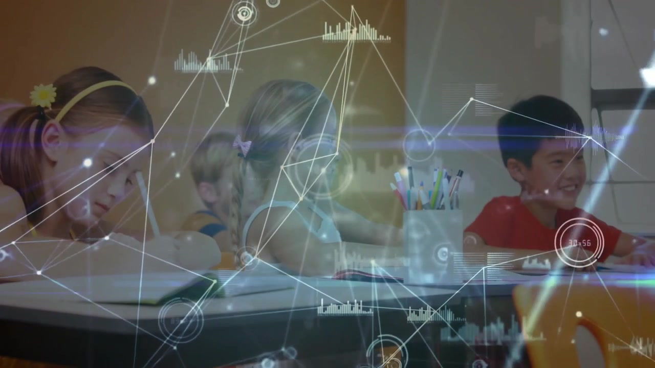 Four classmates writing at table under drifting digital network highlighting school focus levels