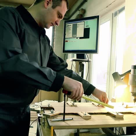 el taladro cnc está perforando en la tabla de madera