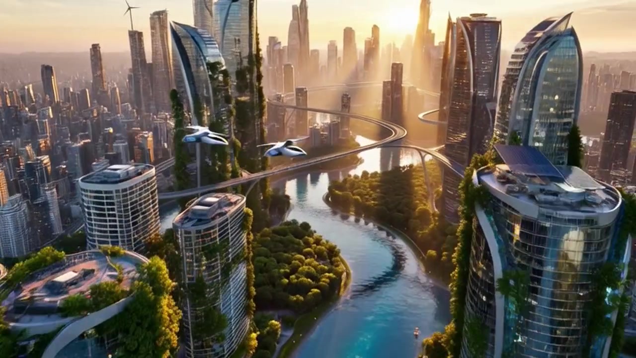 Aerial View of Futuristic Eco-Friendly City with Flying Vehicles at Sunset