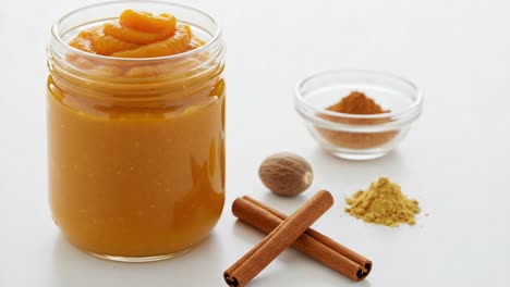 A Delicious Jar of Pumpkin Puree Topped with Slices of Orange, Surrounded by Ground Cinnamon, Nutmeg, and Ginger in a Minimalistic Kitchen Setting