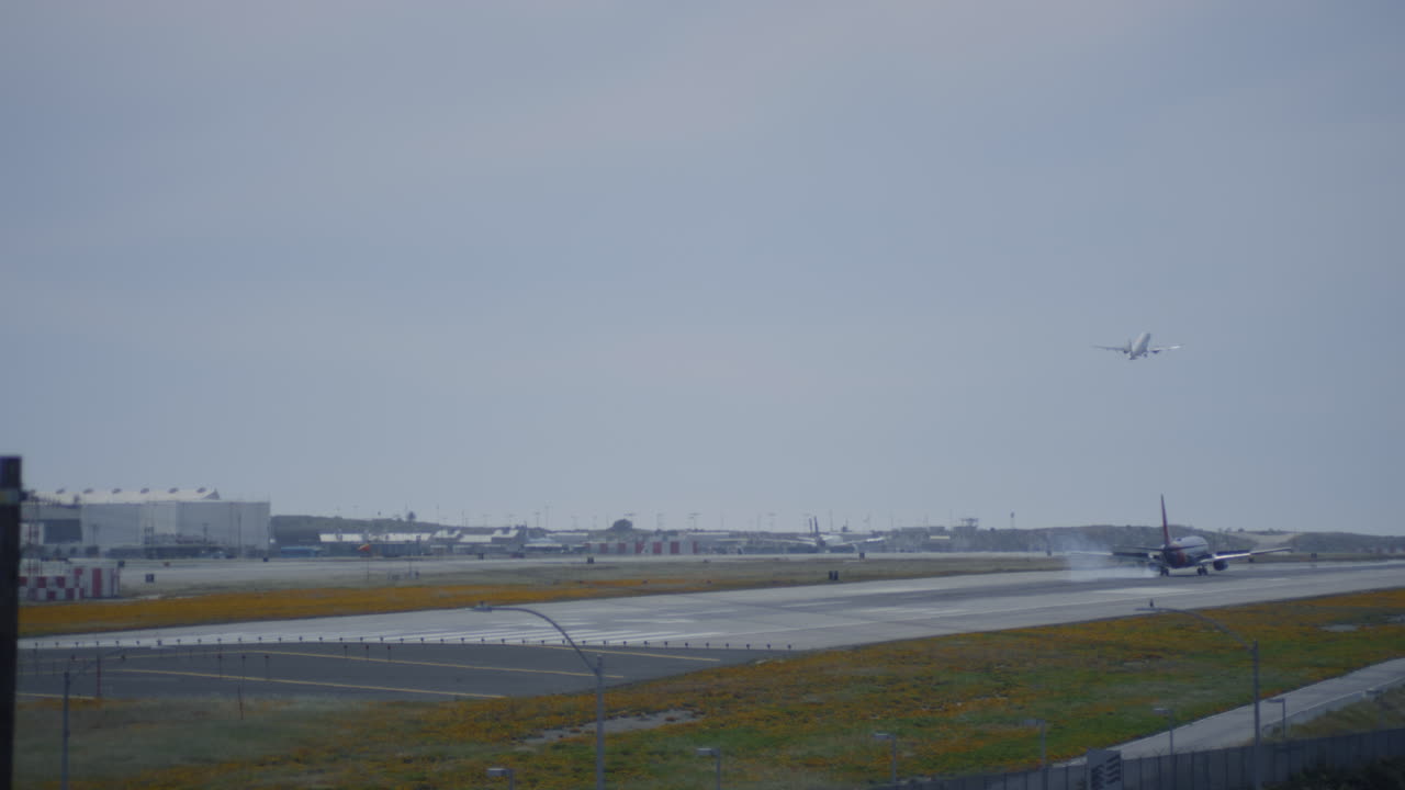 Plane landing on airfield in LAX. Los Angeles International Airport. Charter Flight travel. Runway road, aircrafts