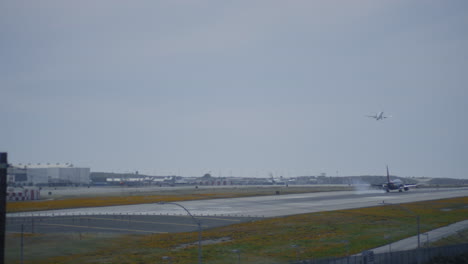 plane landing on airfield in lax. los angeles international airport. charter flight travel. runway road, aircrafts