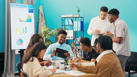 co-workers work together on a project idea, share opinions, make proposal, work out details, man announces ifnromation of winning tender, everyone rejoices, applauds, celebrates, high-fives