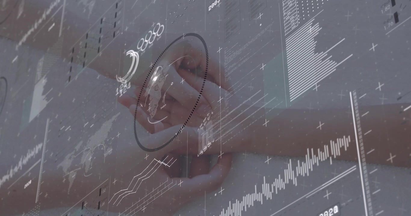 Health worker pressing wrist monitor on child's wrist and activating holographic heart rate graphs