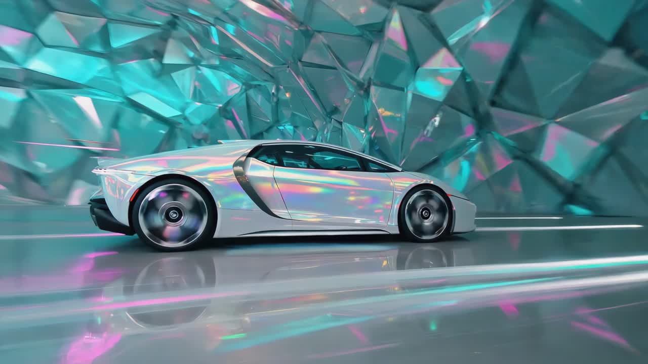 Futuristic Iridescent White Sports Car in a Crystalline Tunnel