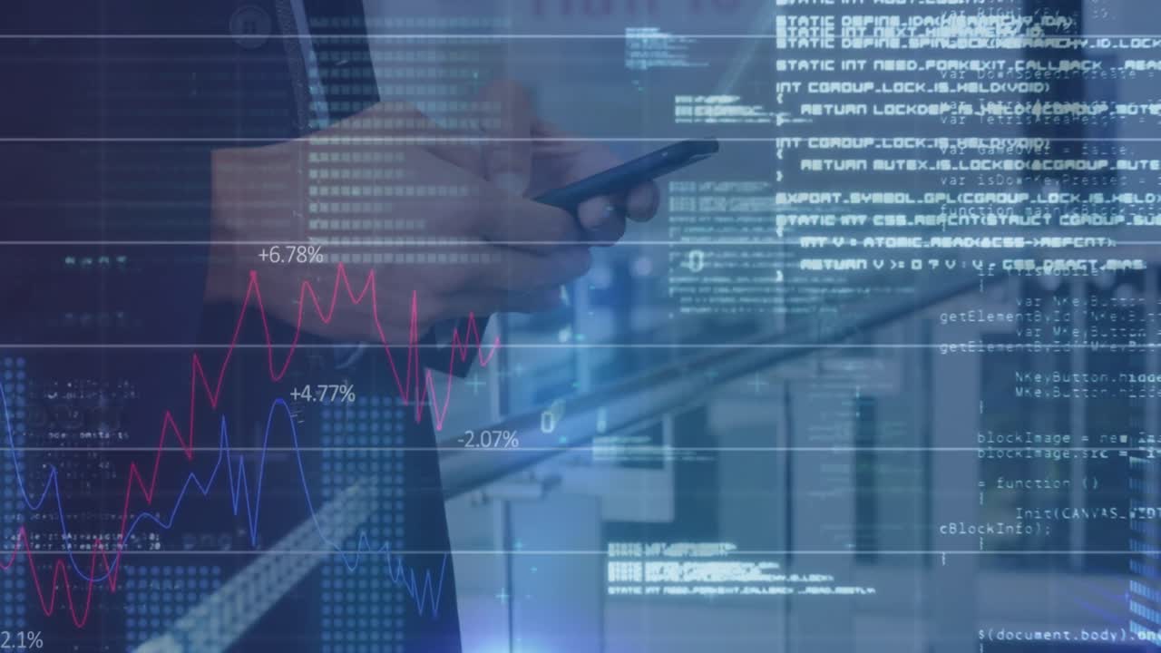 스마트폰을 사용하는 백인 사업가의 손을 통해 다양한 데이터와 그래프의 애니메이션