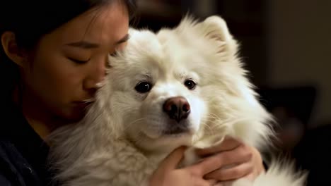 a heartwarming moment: a person embracing their beloved samoyed dog, showcasing the deep bond and affection between them in a cozy setting