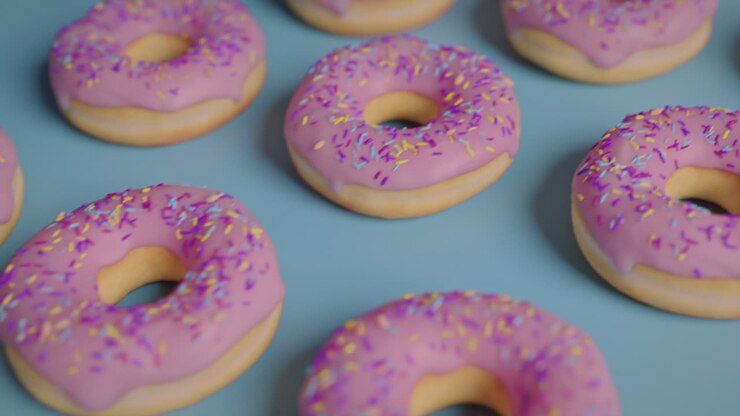 Ciambelle con glassa rosa su sfondo blu