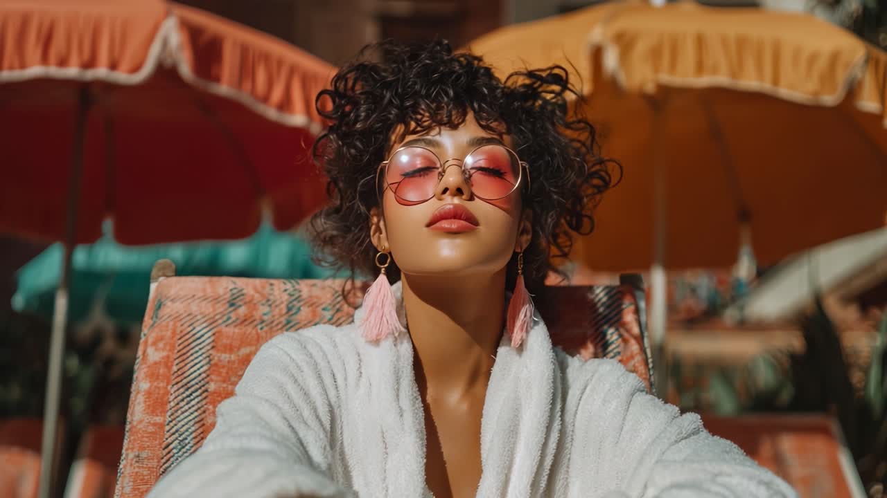 A Captivating Summer Vibe: A Stylish Individual Relaxing by the Pool, Dressed in a Trendy Robe and Sunglasses, Radiating Confidence and Chicness Under Bright Colorful Umbrellas