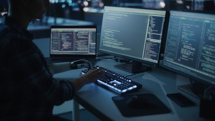 Night Office: Programmer With Disability Using Prosthetic Arm to Work on Computer Keyboard. Swift and Natural Use of Myoelectric Bionic Hand To Type Code for Software at Night. Medium Arc Shot