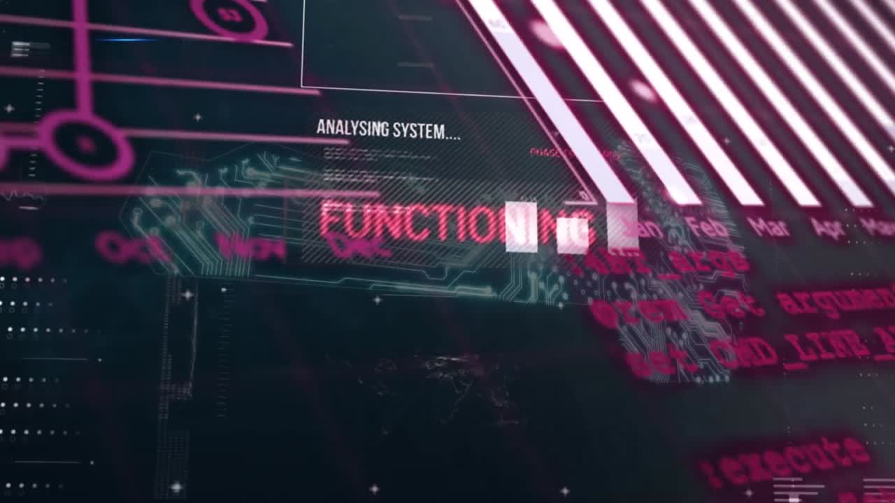 Animation of graphs and data processing over digital key on black background