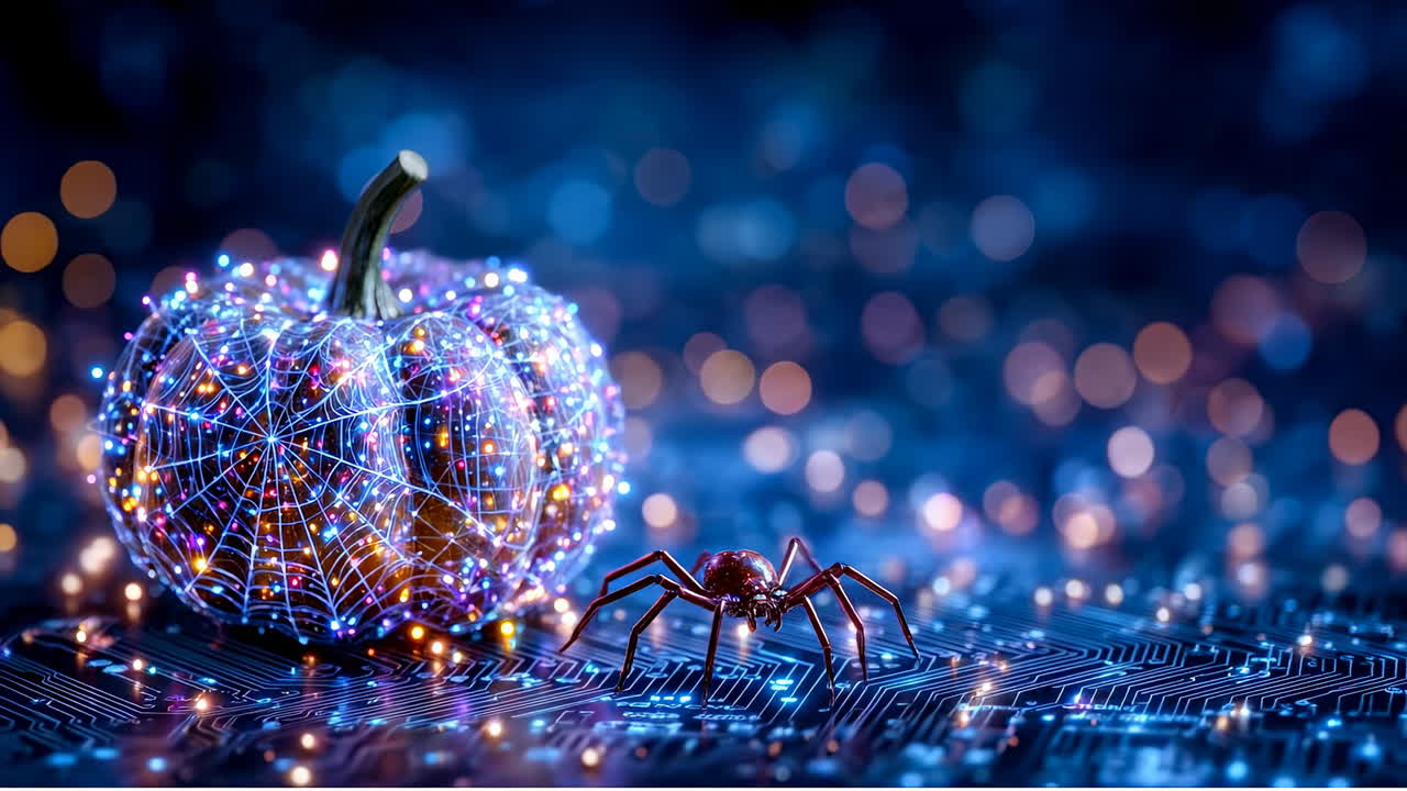 Pumpkin with spider on circuit. A glowing pumpkin with lights, a spider nearby, set on a circuit board background creating a spooky scene
