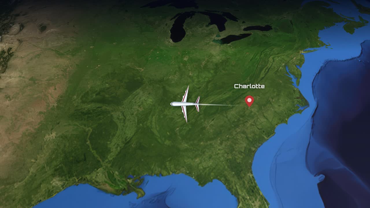 Animación con vista satelital siguiendo un avión comercial que vuela sobre el paisaje de Estados Unidos.