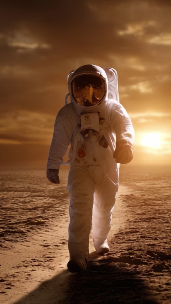 Un astronauta solitario camina por un paisaje alienígena durante un atardecer dramático, mostrando la belleza y el misterio de la exploración en la inmensidad del espacio.