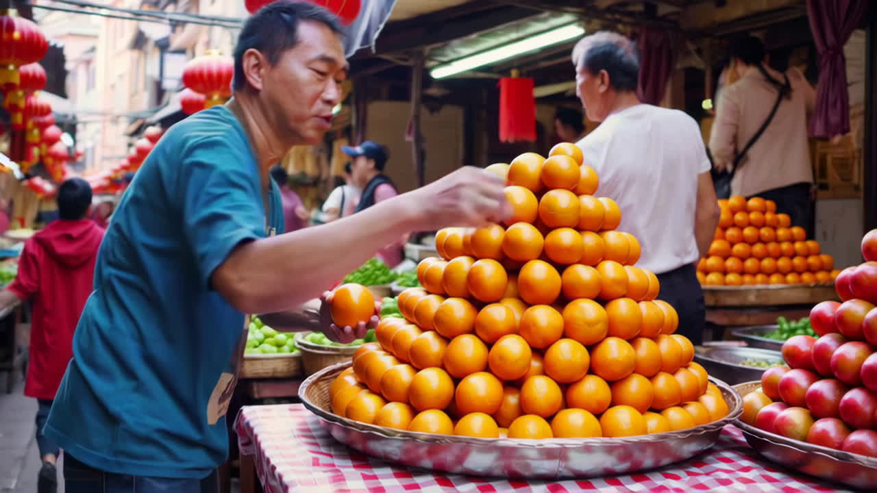 Vibrant Asian Market Scene with Oranges
