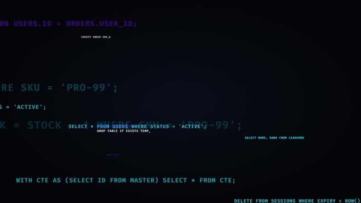 Abstract Digital Background With Scrolling SQL Database Code
