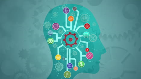 animation of human head models with gears on green background with arrows