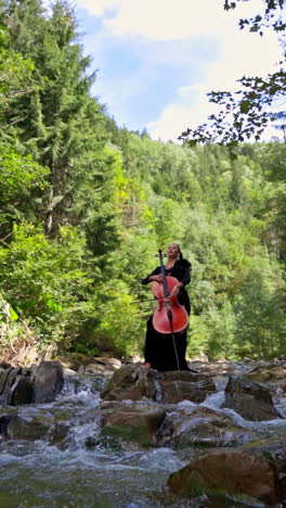 woman playing cello in a mountain stream