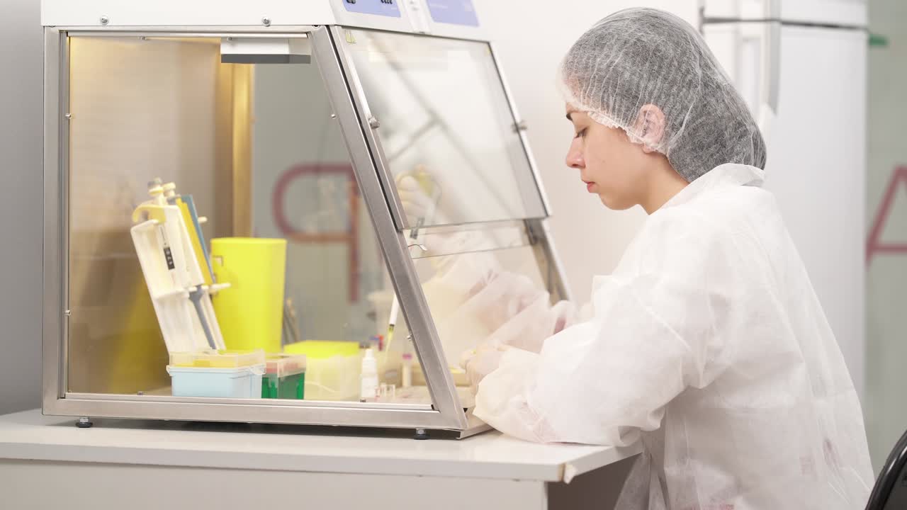 una vista lateral de científicos de laboratorios médicos que realizan pruebas de microbiología en un gabinete de flujo de aire laminar. concepto de investigación científica y sanitaria