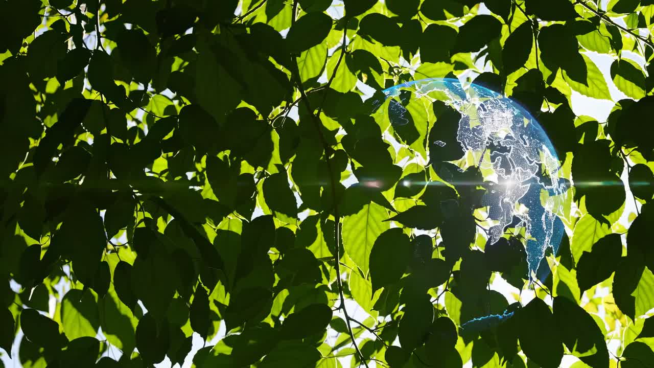 A low-angle video shot through sunlit leaves, with a digital globe overlay, creating a blend