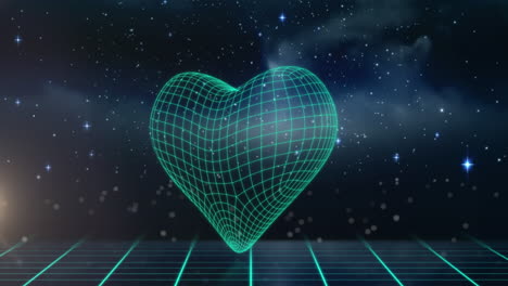 animation of heart icon over grid network against shining stars in the space