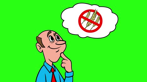 hombre pensando en una dieta sin gluten - animación 4k con fondo verde.
