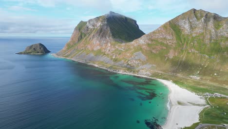 lofoten islands haukland beach at summer in norway - aerial 4k