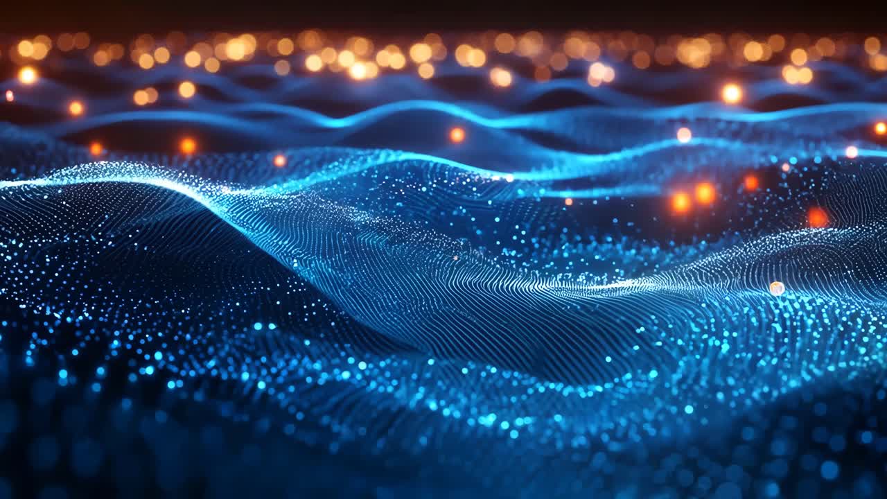 A blue wave with orange and yellow lights in the background. The blue wave is surrounded by a sea of stars