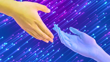 animación de la mano de una mujer caucásica y la mano azul extendiéndose a través de luces brillantes púrpuras y azules