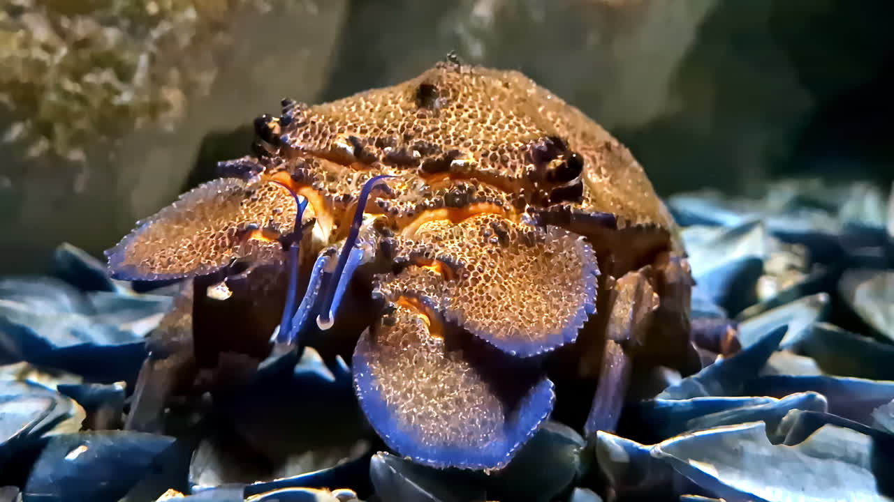 A close-up of a unique, textured sea creature on the ocean floor with vivid colors.