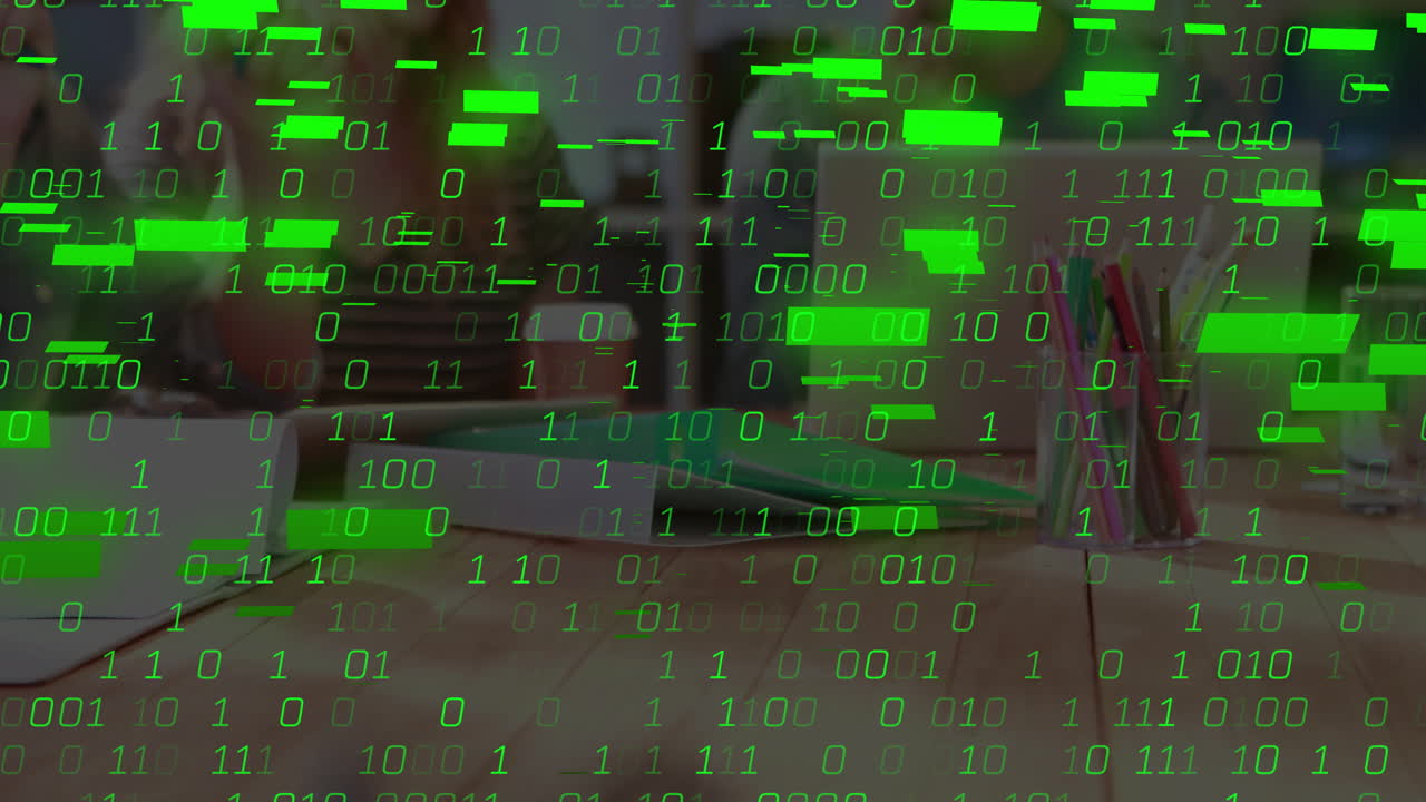 Coworkers collaborating in tech meeting around wooden table, showcasing green binary code overlay