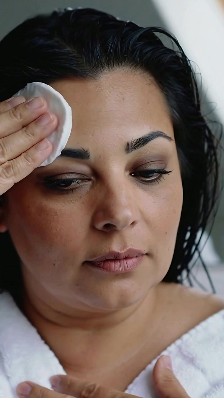 Vertical video: Wiping woman removing eye makeup post-shower at home using cotton pad in bathrobe