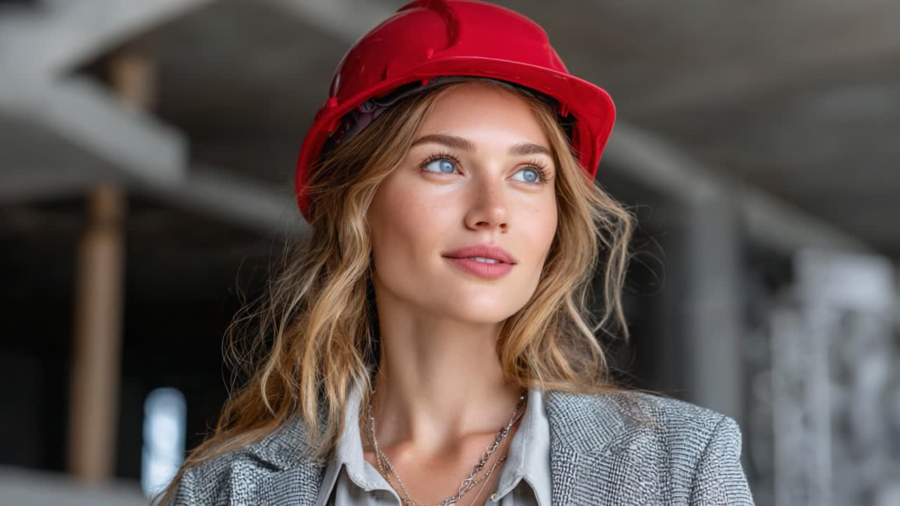 Confident Female Construction Manager in Hard Hat at Construction Site, Showcasing Strength and Professionalism Amidst Urban Development Environment