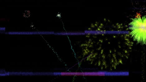 animation of glitch effect over colorful fireworks exploding against black background