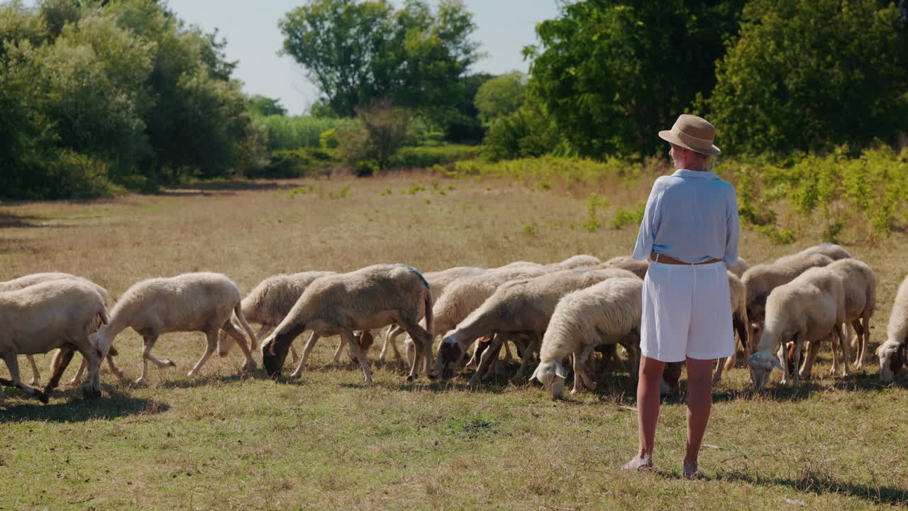 Shepherd and Sheep Grazing in a Field