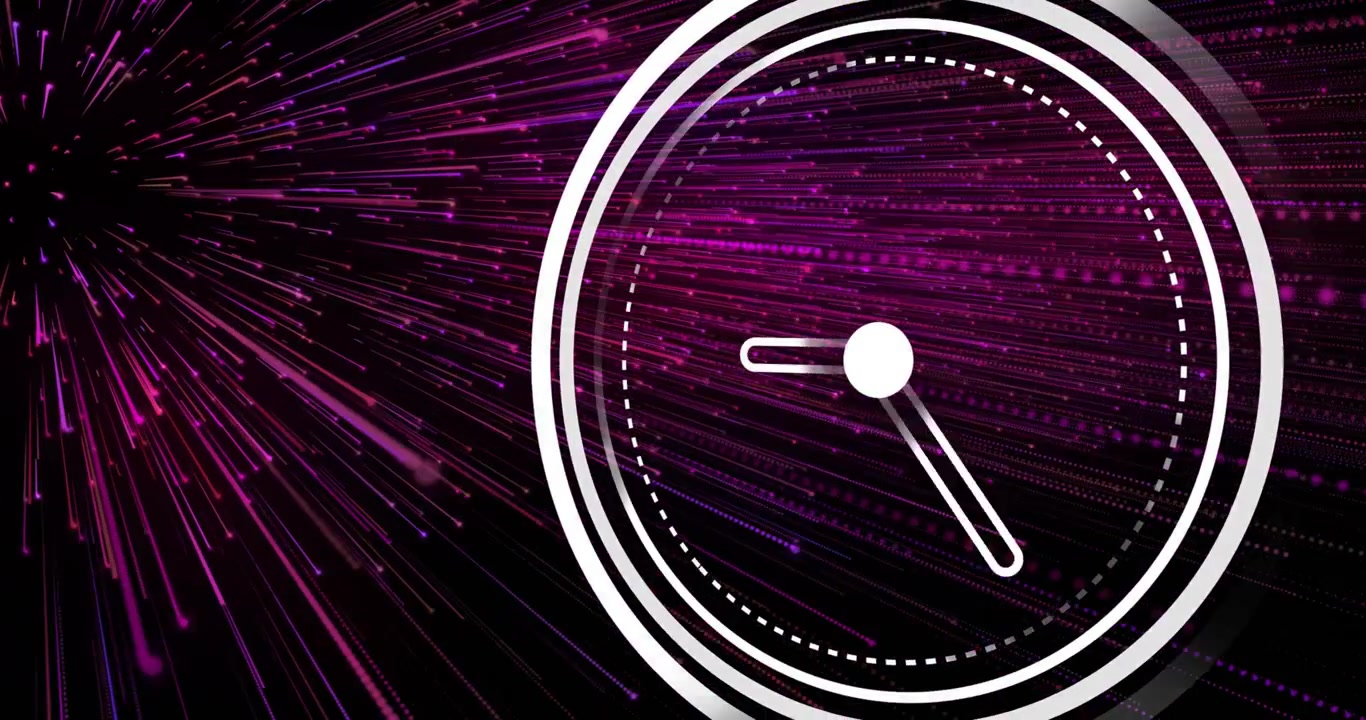Magenta purple streaks converging initiating white rings forming rotating clock hands marking time
