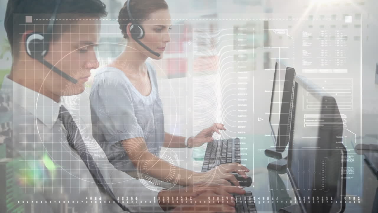 사무실에서 일하는 사업가들에 대한 금융 데이터 처리 활성화