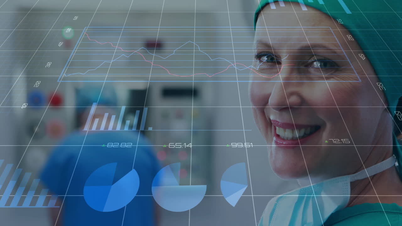 Animation of statistics and data processing over caucasian female surgeon