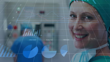 Animation of statistics and data processing over caucasian female surgeon