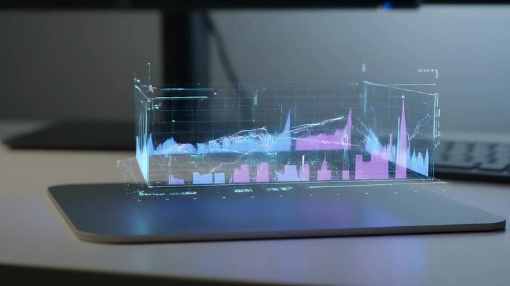 Reagerer på touchpad-tryk, holografisk 3D-databoks roterer over skrivebordet og viser cyan-pink toppe.