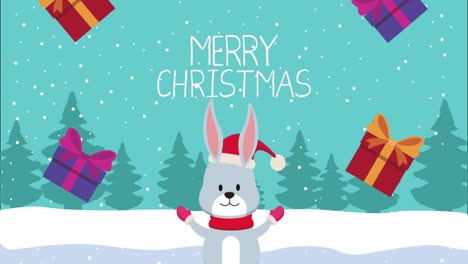 animación de feliz navidad con conejo y regalos