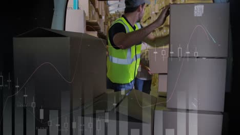 Animation-of-financial-data-processing-over-delivery-man-loading-up-car-in-warehouse
