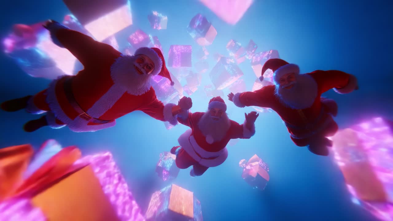Três figuras alegres vestidas com roupas vermelhas de Papai Noel, flutuando em meio a presentes de Natal coloridos cercados por luzes cintilantes em uma cena mágica de festas cheia de alegria e contentamento