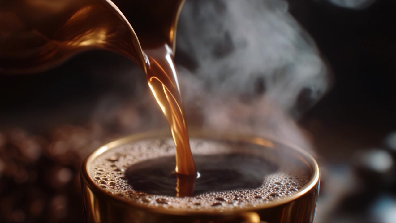 Aromatisk kaffe hældes: Fanger varmen og fylden af friskbrygget kaffe, mens damp stiger op i en strålende gylden kop omgivet af kaffebønner