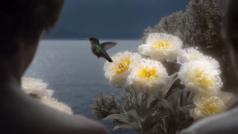 two people observe a hummingbird hovering near white flowers by the ocean