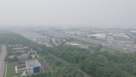 mississauga with hazy sky and wildfire smoke affecting air quality, aerial view