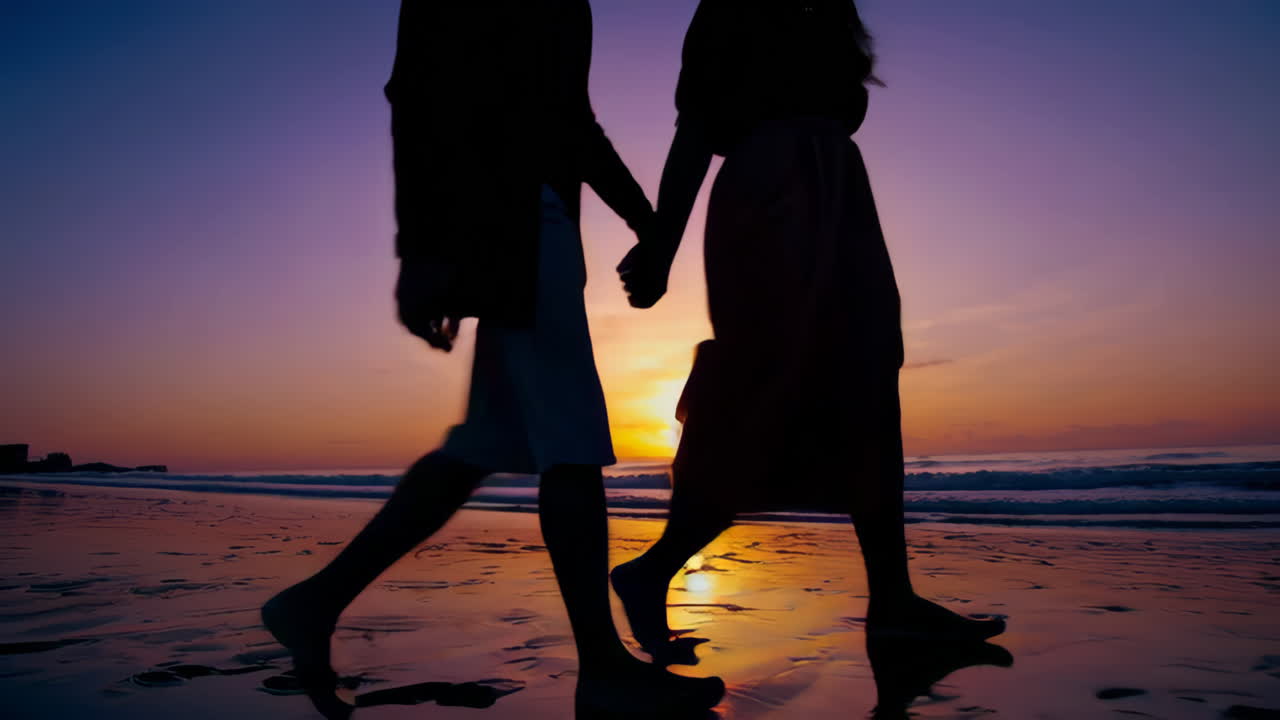 해가 지는 동안 해변을 고 있는 부부