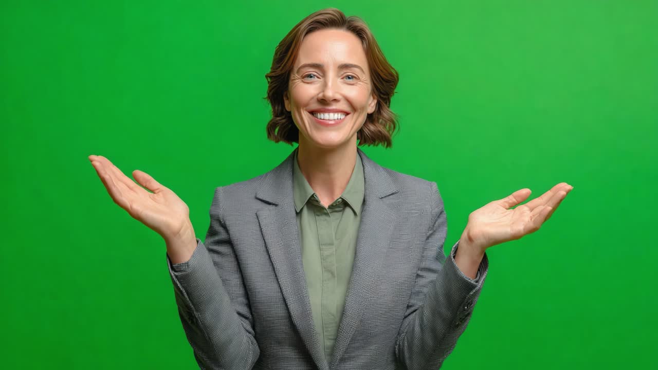 A cheerful young woman in a gray blazer enthusiastically gestures with open hands against a vibrant green background, exuding positivity and engagement